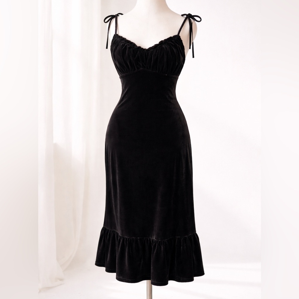 90s minimalist Black Tape Dressed up velvet Midi Slip Dress M Tie Straps Ruffle